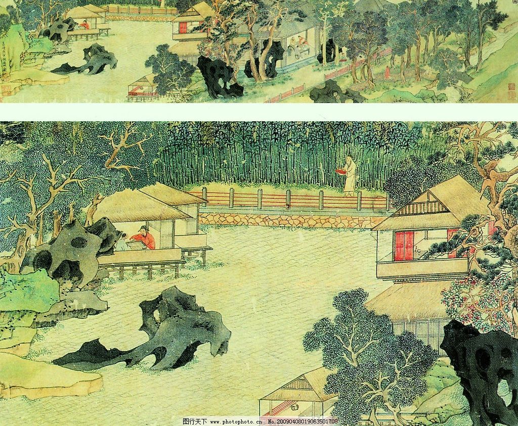 东园图 中国工笔画 背景 书法 印章 文徵明 人物 肖像 假山 湖水 清泉 松树 亭台 古建筑 楼阁 文化艺术 绘画书法 设计图库 72DPI JPG