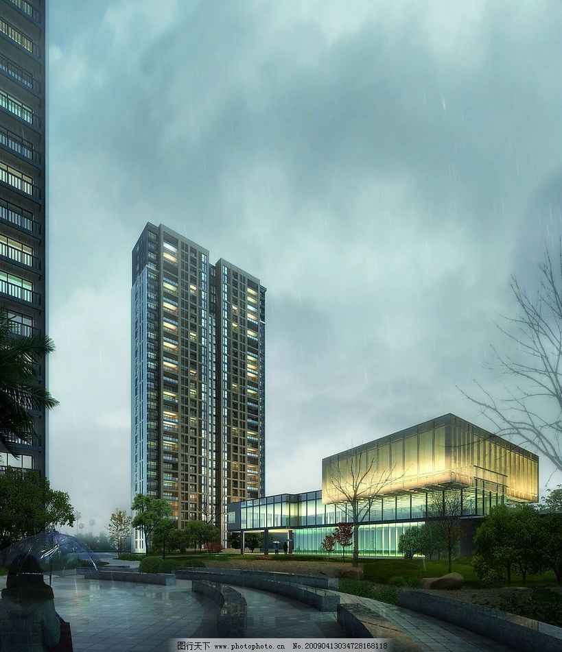 城市风景 风景 高楼 大厦 雨天 乌云 下雨 公路 路人 女孩 自然景观