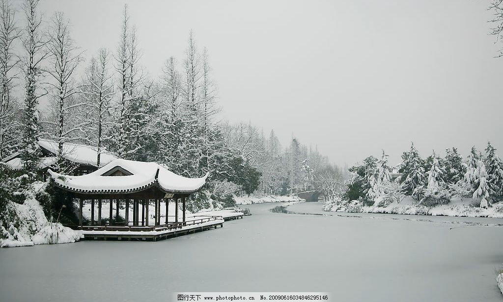 雪景图片,杭州 西湖 冬天 白色 树木 湖水 凉亭-